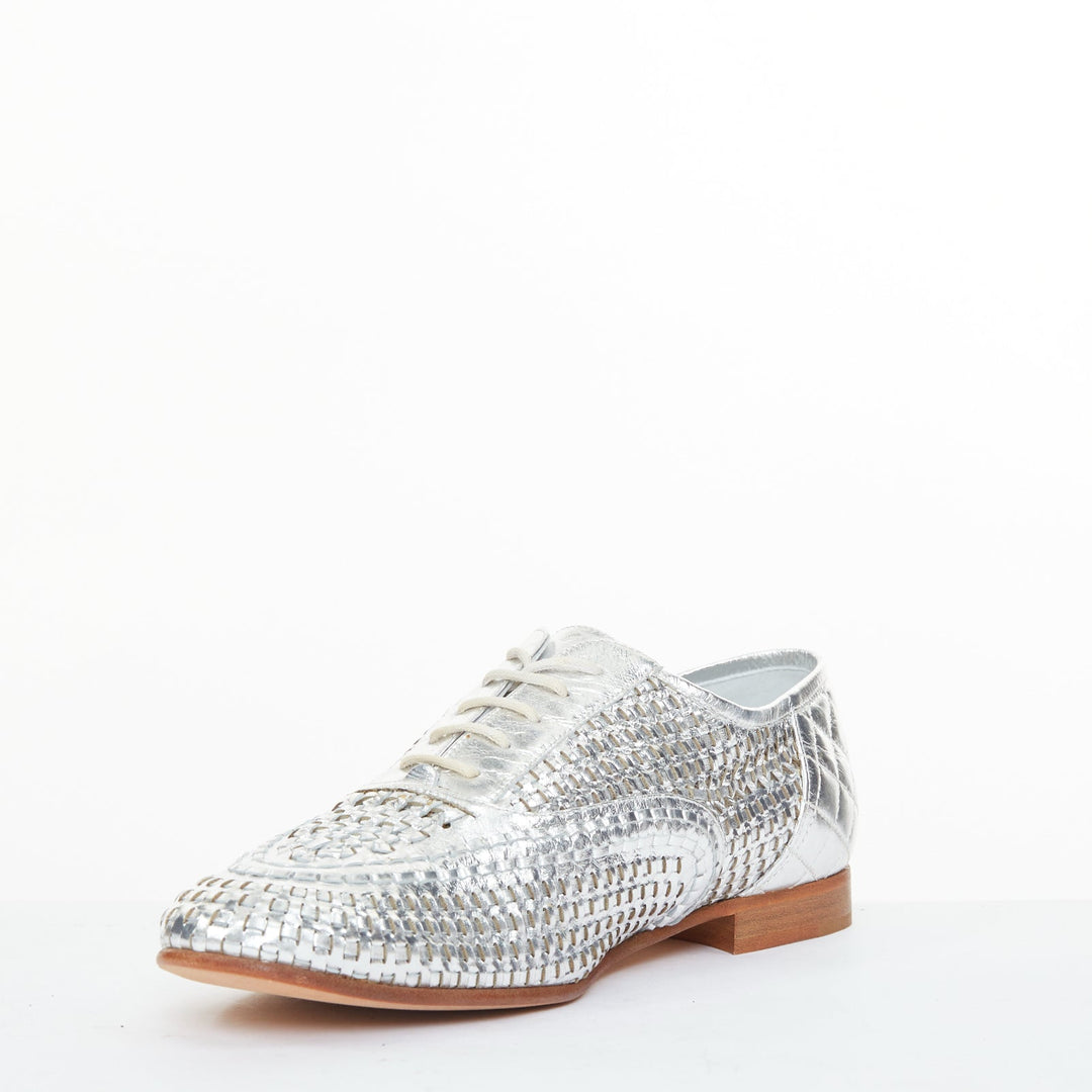 CHANEL 2016 interlocking CC metallic silver woven leather oxford EU39 US9