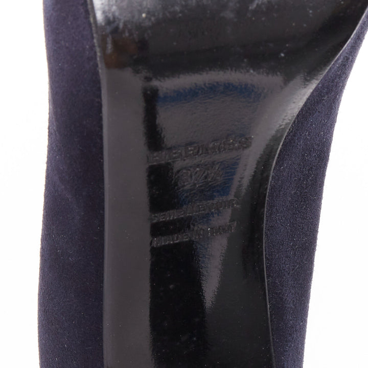 HERMES navy suede leather silk bow tie back spool heeled pumps EU37.5