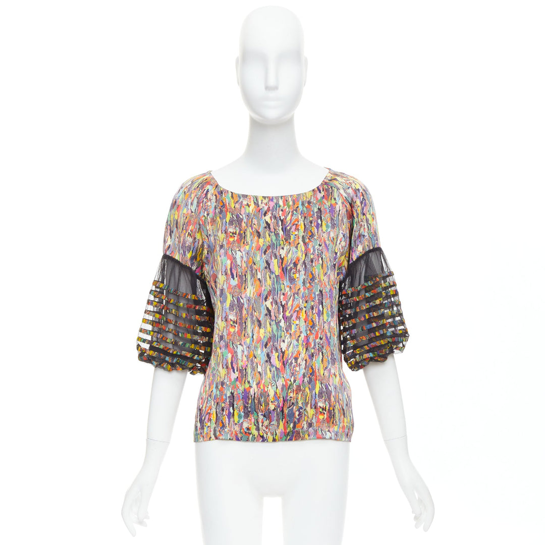 DRIES VAN NOTEN multicolor watercolor print sheer flared sleeve top FR40 L