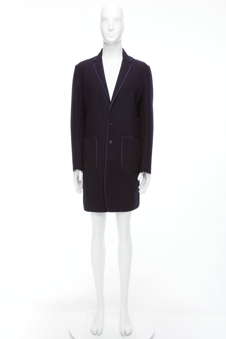 NEIL BARRETT navy wool blend ribbon trimmed pocket detail long coat IT48 M
