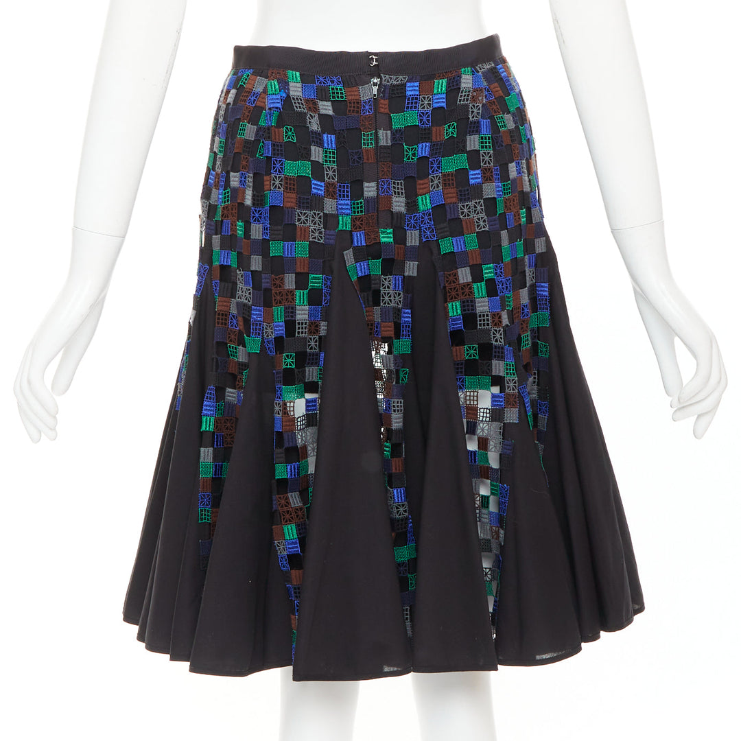 SACAI 2016 blue green square eyelet embroidery cotton blend flared skirt JP1 S