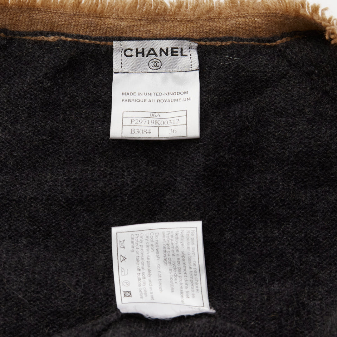 CHANEL 06A Runway 100% cashmere tan grey 4 pocket CC logo belted cardigan FR36 S