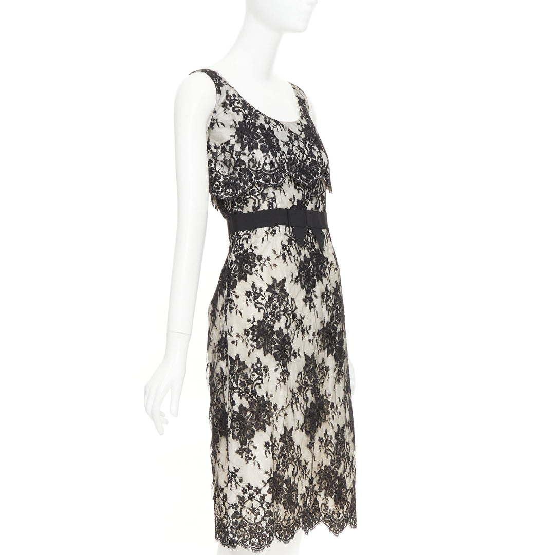 CHRISTIAN DIOR Vintage black floral lace pearl silk grosgrain bow dress FR36 S