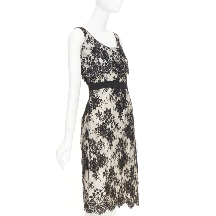 CHRISTIAN DIOR Vintage black floral lace pearl silk grosgrain bow dress FR36 S