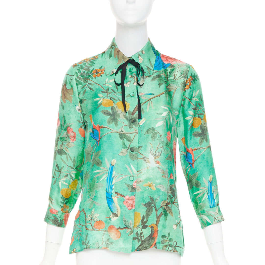 GUCCI 2016 Tian print chinoiserie bird floral silk pussy bow blouse top IT38 XS