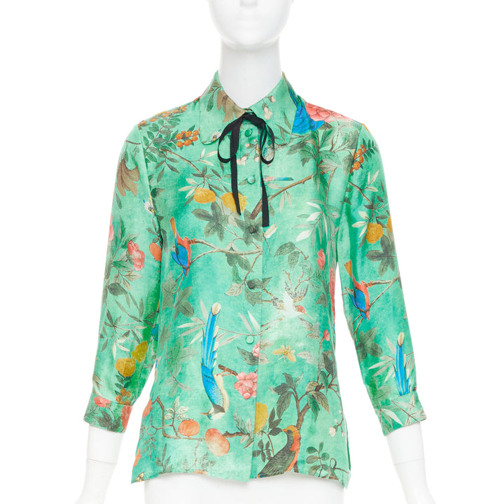 GUCCI 2016 Tian print chinoiserie bird floral silk pussy bow blouse top IT38 XS