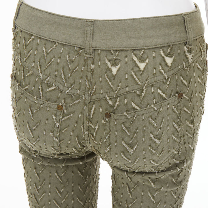ALEXANDER MCQUEEN 2002 khaki green distressed cotton chevron jeans IT38 XS