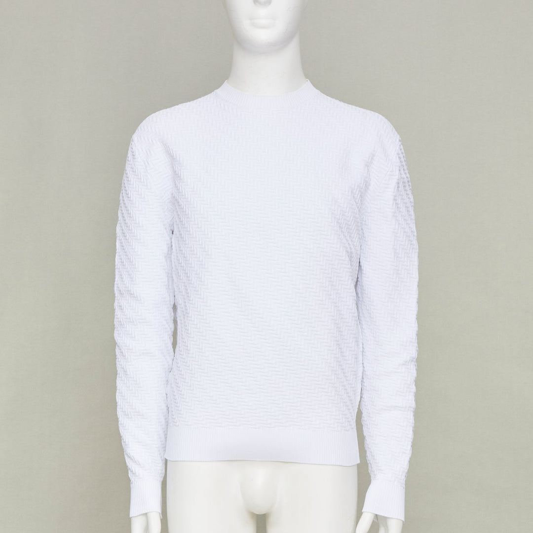 PRADA white zigzag micro texture geometric long sleeve crewneck sweater IT48 M
