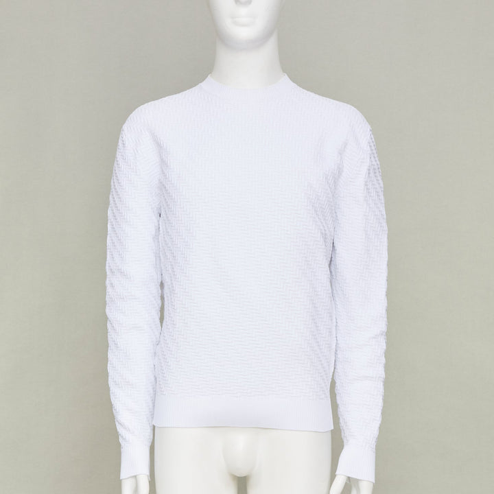 PRADA white zigzag micro texture geometric long sleeve crewneck sweater IT48 M