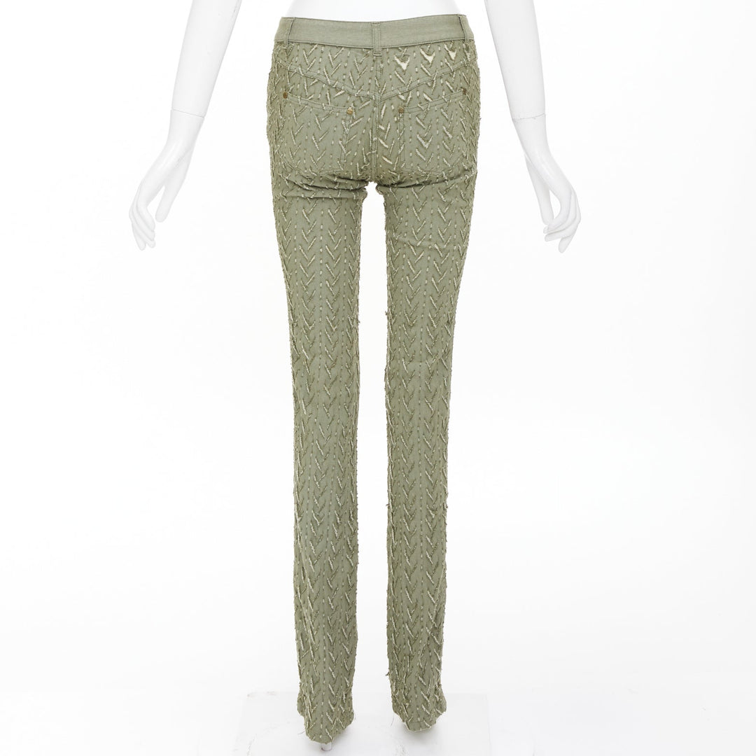 ALEXANDER MCQUEEN 2002 khaki green distressed cotton chevron jeans IT38 XS