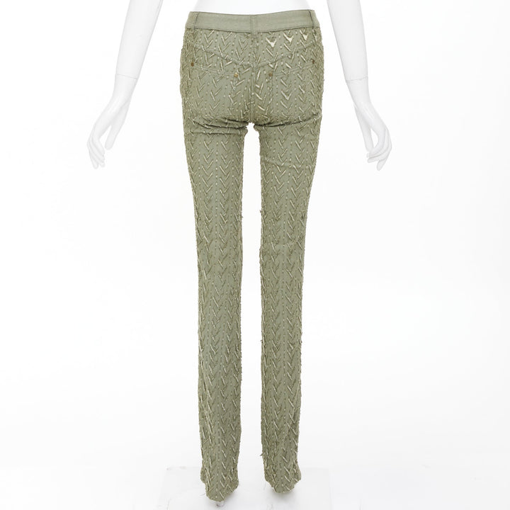 ALEXANDER MCQUEEN 2002 khaki green distressed cotton chevron jeans IT38 XS