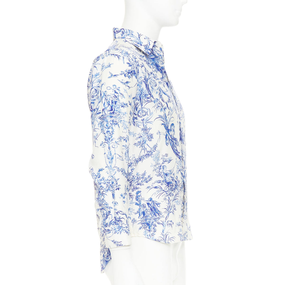 DIOR HOMME 2020 Toile De Jouy 100% silk white blue long sleeve shirt EU38 S