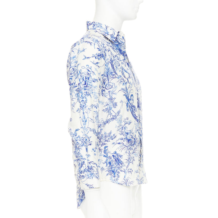 DIOR HOMME 2020 Toile De Jouy 100% silk white blue long sleeve shirt EU38 S