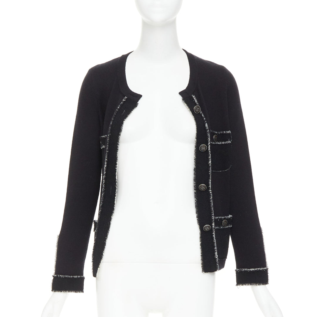 CHANEL 2011 cashmere black cashmere raw edge frayed 4 pocket cardigan FR36 S