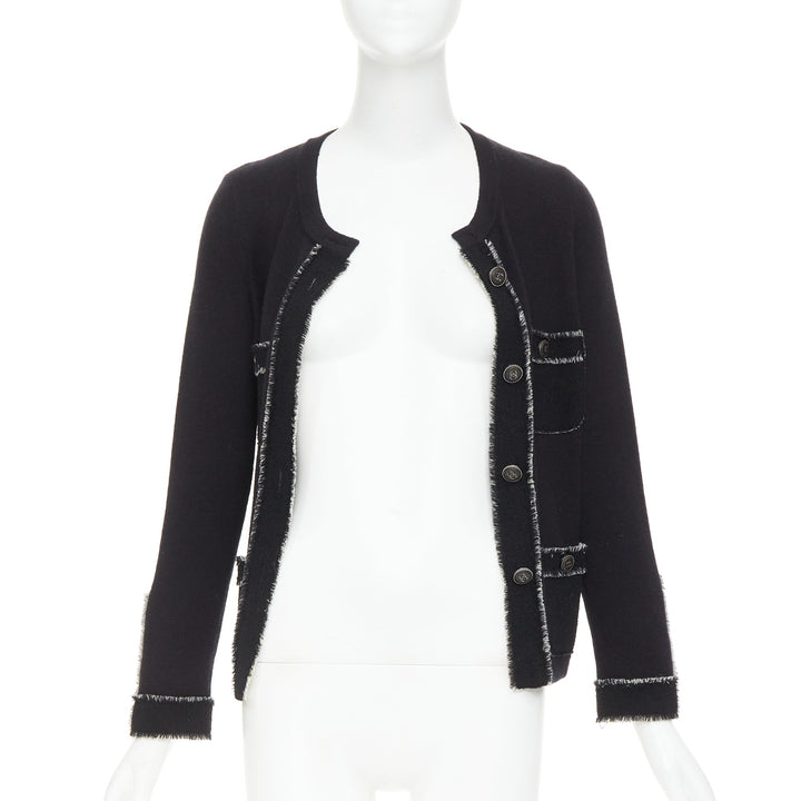 CHANEL 2011 cashmere black cashmere raw edge frayed 4 pocket cardigan FR36 S