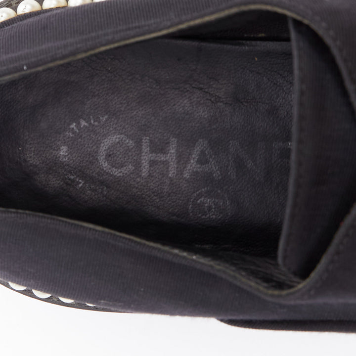 CHANEL black monochrome fabric faux pearl lace up derbies EU37.5