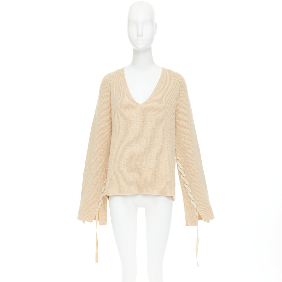 HELMUT LANG beige wool cashmere lace up sleeves relaxed oversized sweater M