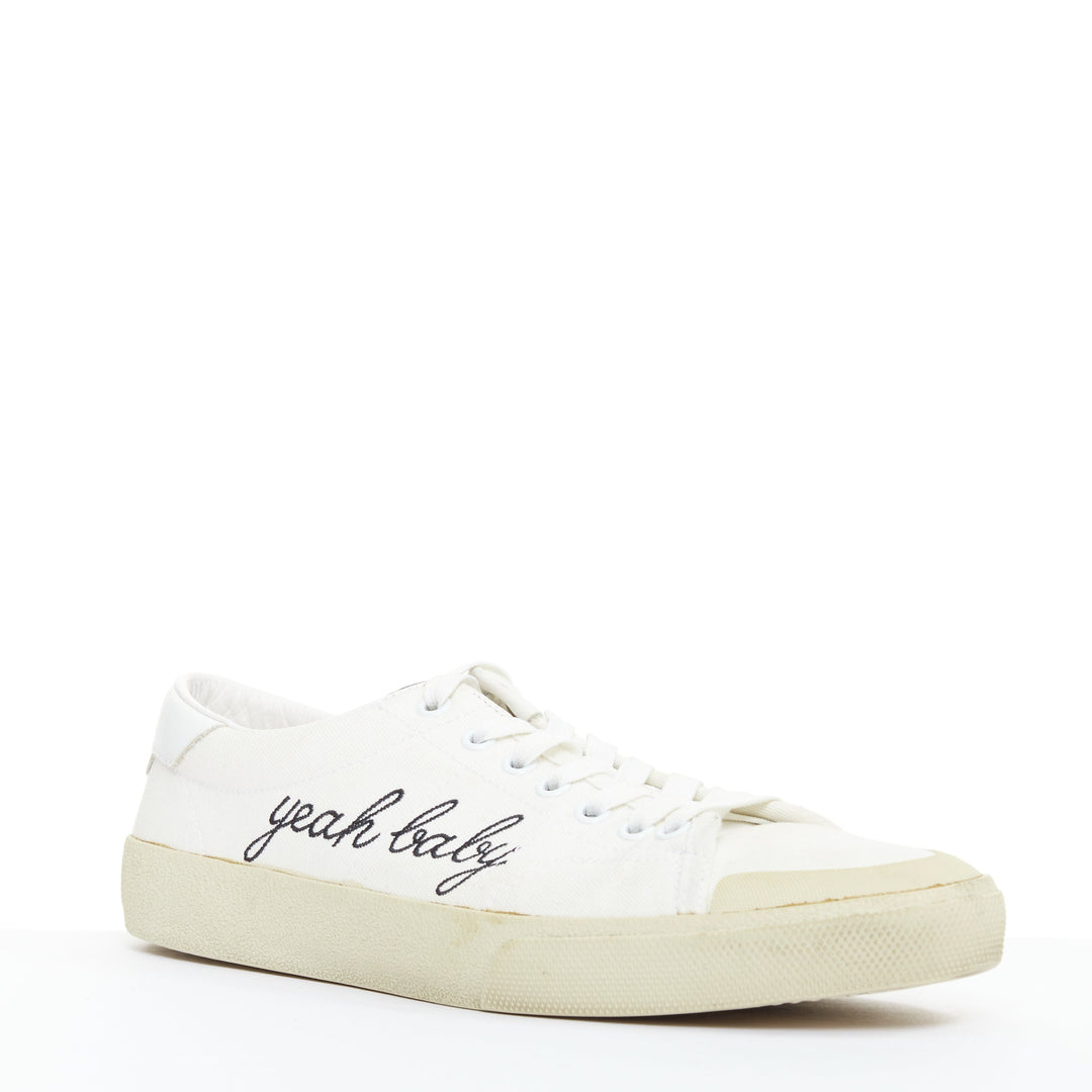 SAINT LAURENT SL/06 cream Yeah Baby embroidered canvas court sneakers EU40.5