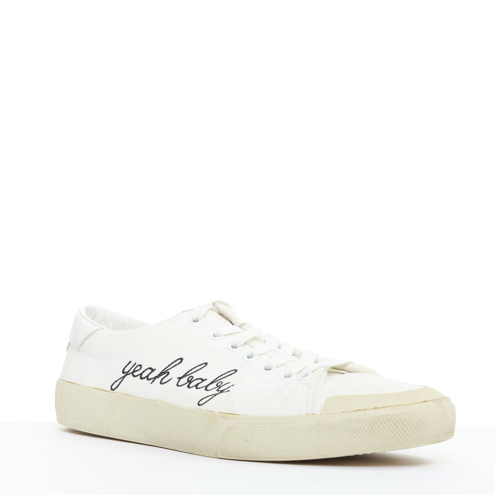 SAINT LAURENT SL/06 cream Yeah Baby embroidered canvas court sneakers EU40.5