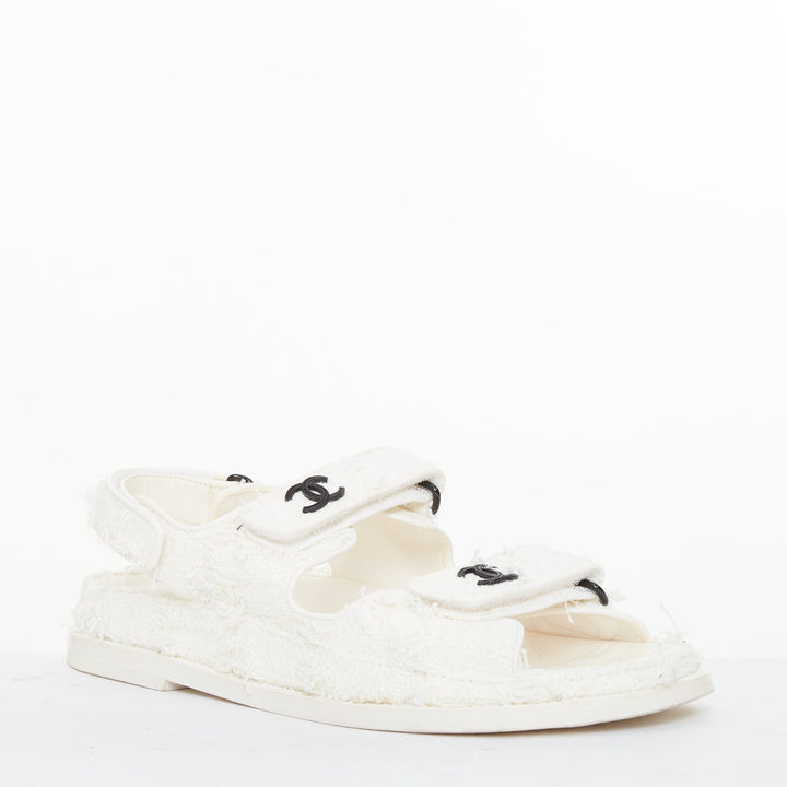 CHANEL 2021 frayed white tweed CC hook and loop open toe dad sandals EU37.5C