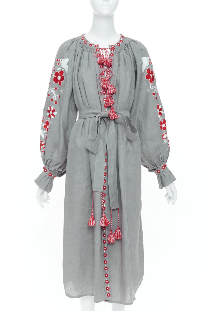 VITA KIN grey linen red folk floral embroidered boho peasant kaftan dress S/D