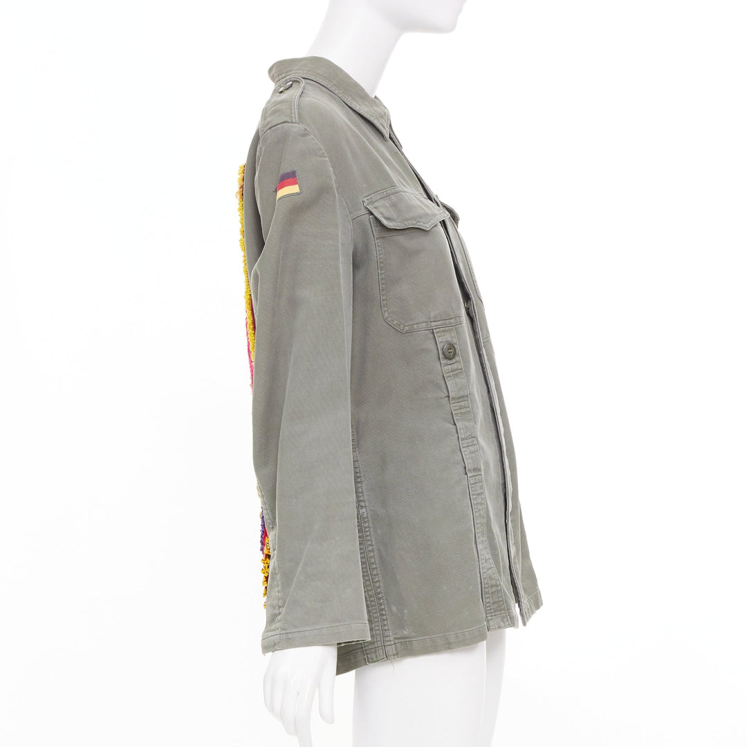 CAMILLA ZILLI embellished back repurposed khaki cotton canvas utility jacket M