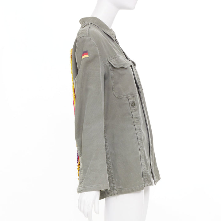 CAMILLA ZILLI embellished back repurposed khaki cotton canvas utility jacket M