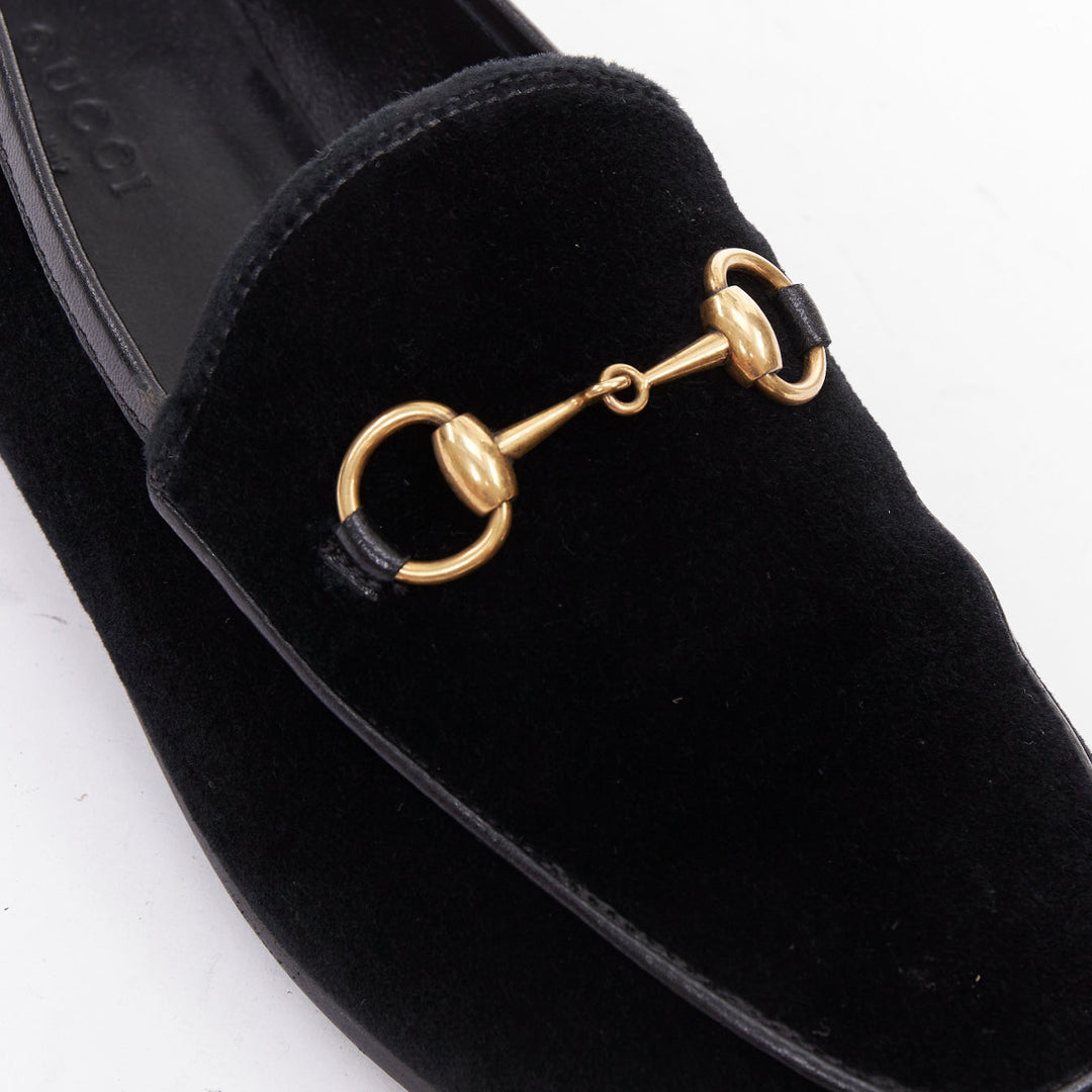 GUCCI Jordaan black velvet gold horsebit buckles leather trim loafer EU37.5