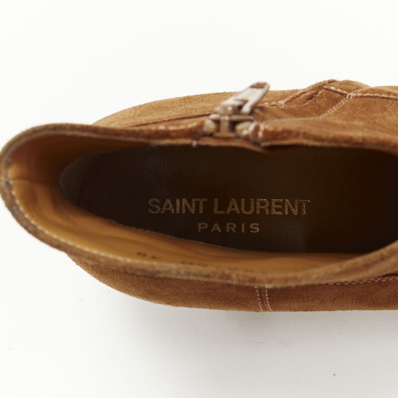 SAINT LAURENT Wyatt tan brown suede almond toe cuban bootie EU38