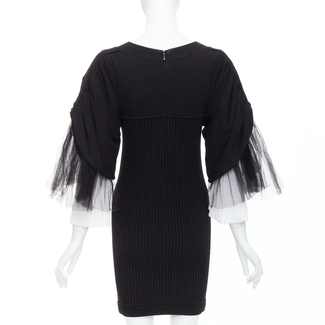 CHANEL 09P Runway Vintage black cream cotton puff tulle sleeve dress FR38 M