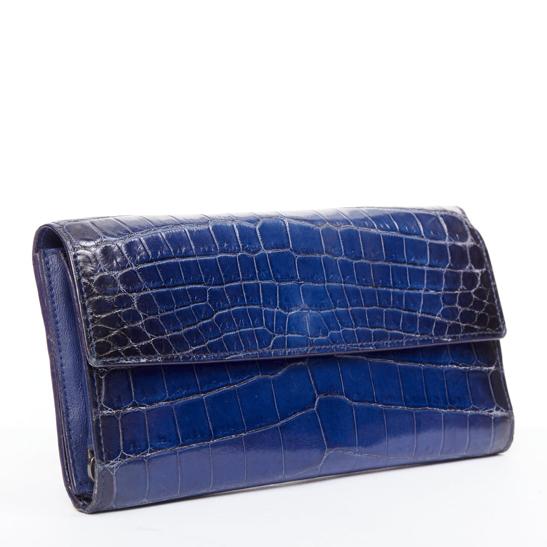 BOTTEGA VENETA blue black ombre genuine scaled leather long flap wallet