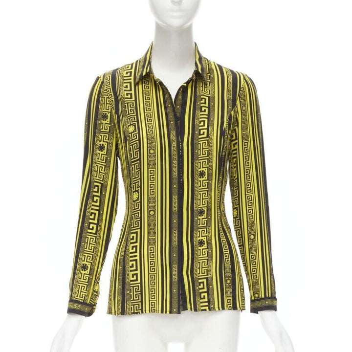 VERSACE 100% silk black gold Greca print Medusa button slim fit shirt IT38 XS