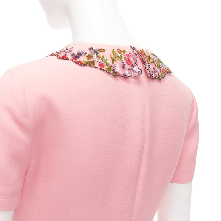 VALENTINO pink wool silk crepe sequin sheer collar fit flare mini dress UK6 XS