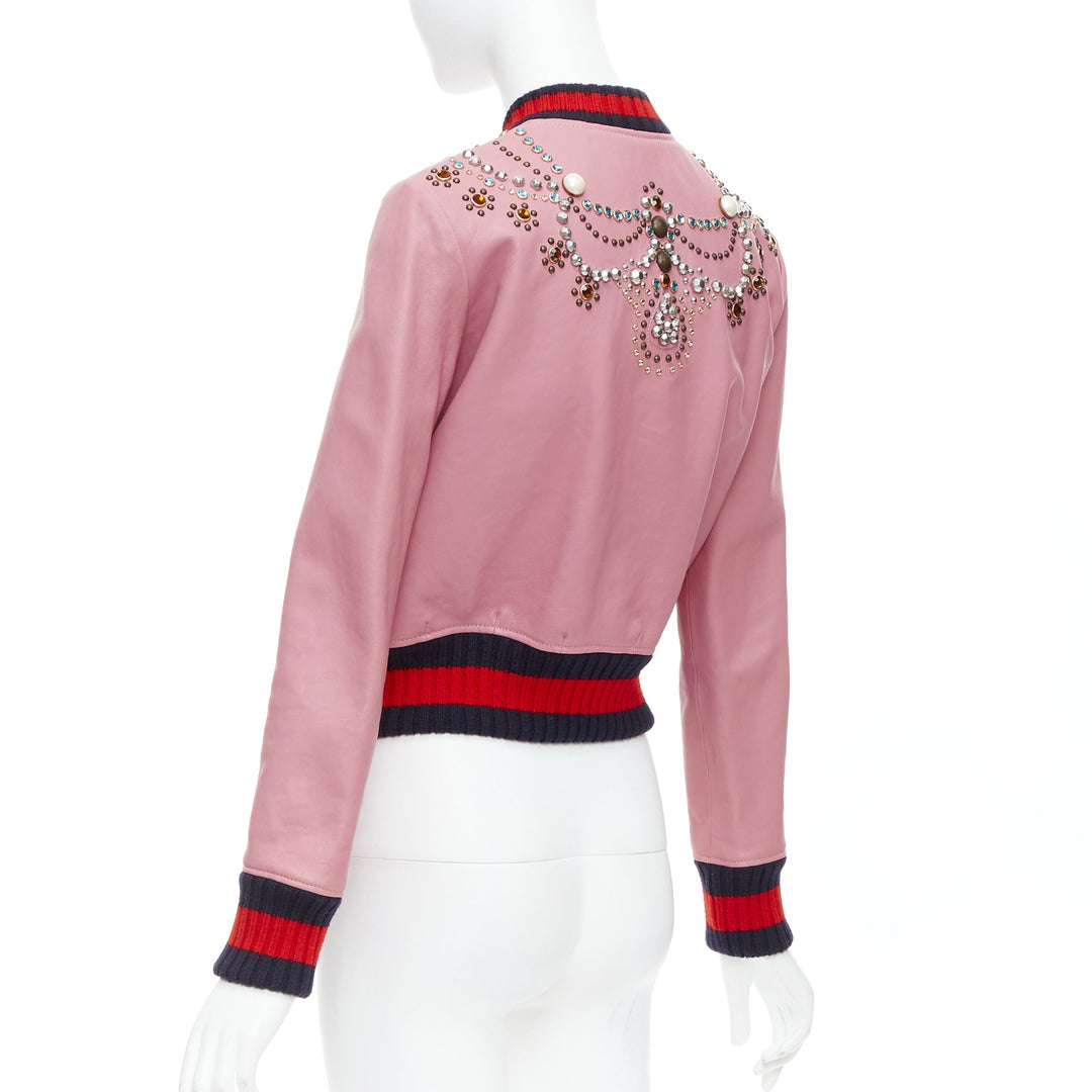 GUCCI pink lambskin pearl embellished web trim crop bomber IT40 S