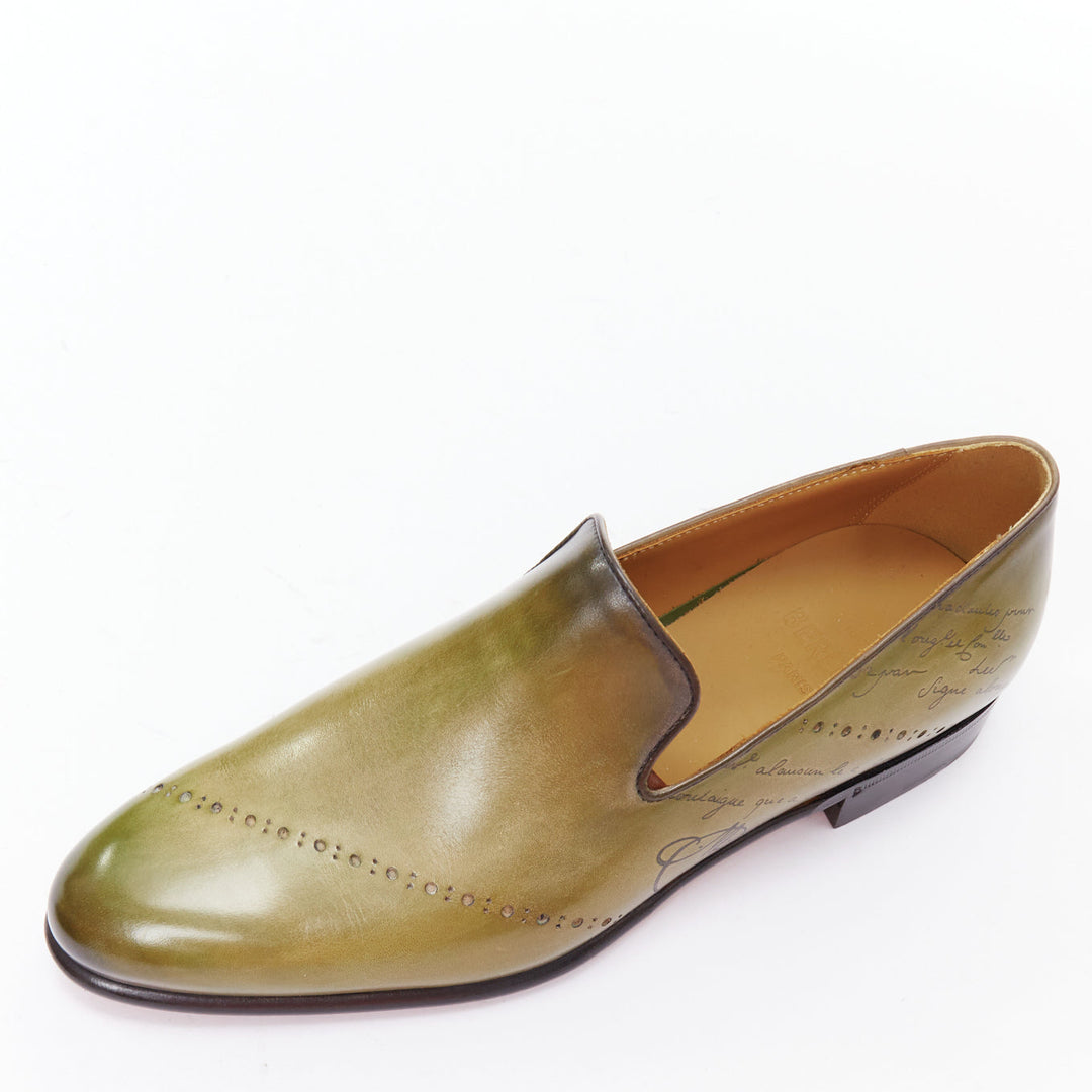 BERLUTI Cursive Galet Scritto green smooth leather script patina loafer UK8 EU42