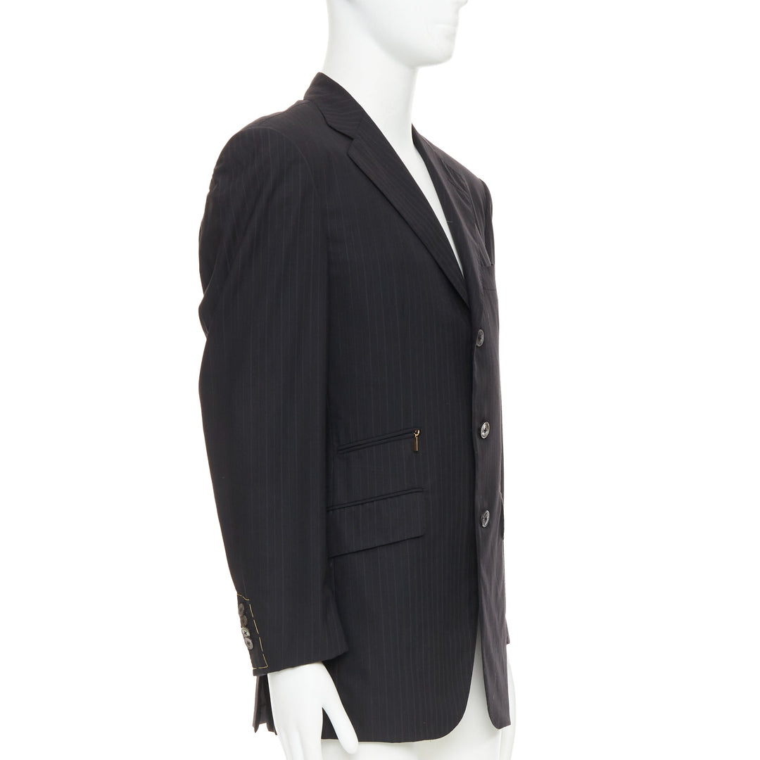 ZILLI PARIS black 100% wool pinstripe 3 buttons zip pocket blazer FR48 M