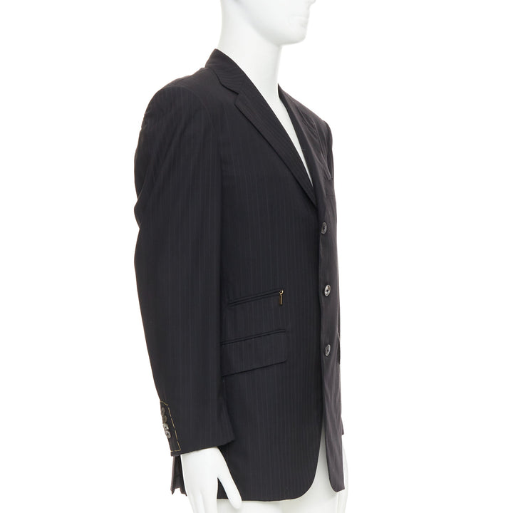 ZILLI PARIS black 100% wool pinstripe 3 buttons zip pocket blazer FR48 M