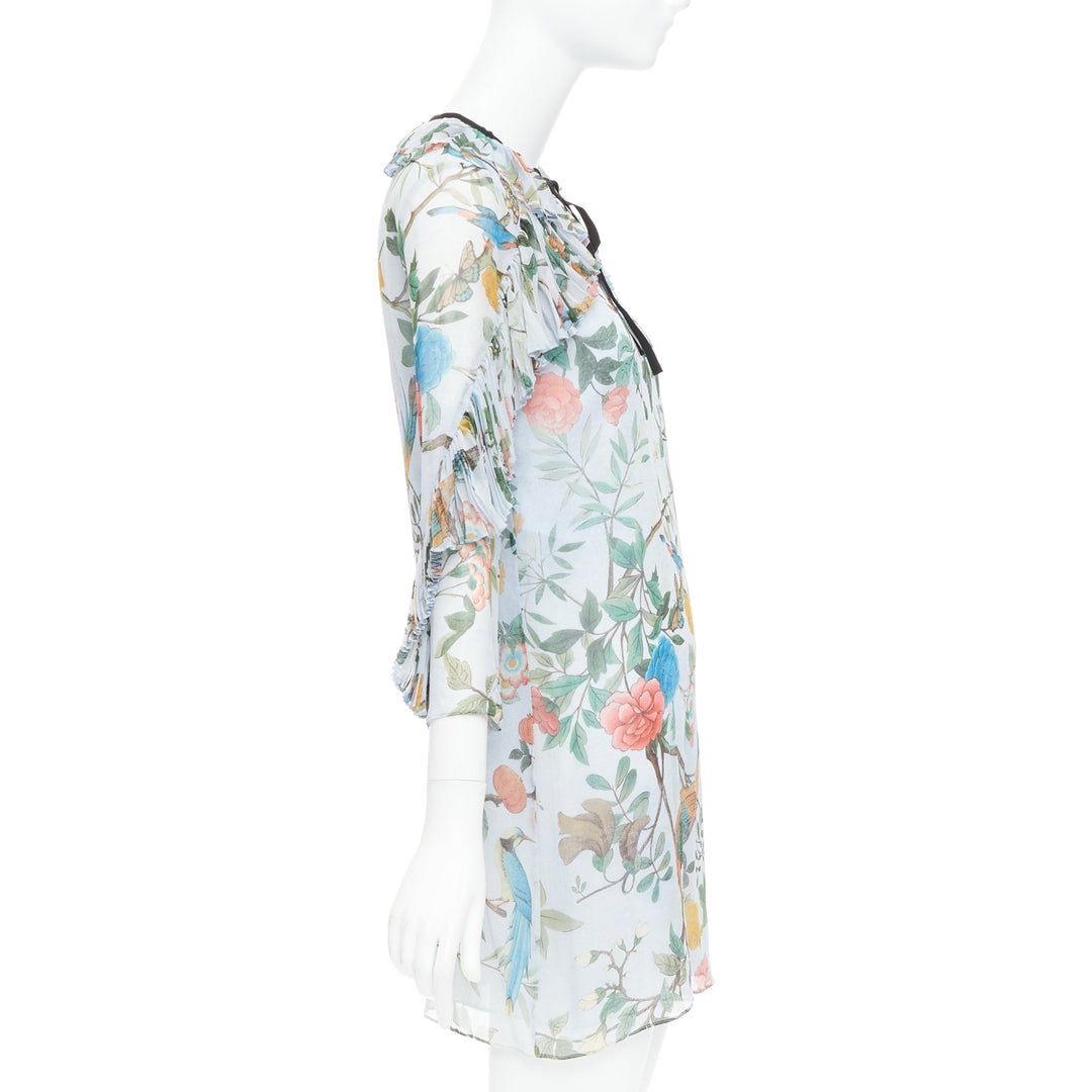 GUCCI 2015 Tian Bloom print 100% silk black ribbon trim dress IT36 XXS