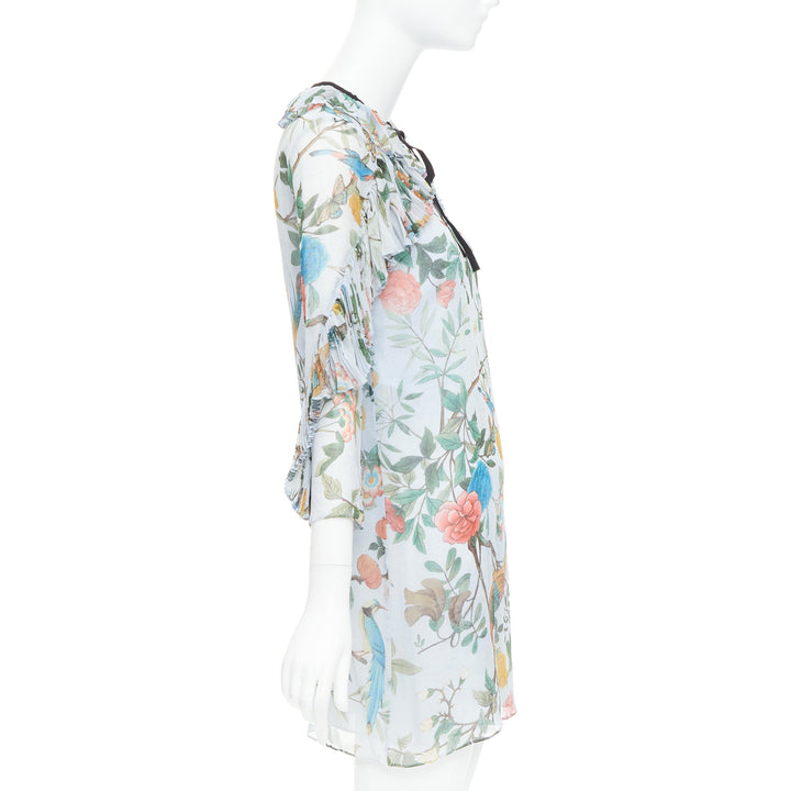 GUCCI 2015 Tian Bloom print 100% silk black ribbon trim dress IT36 XXS