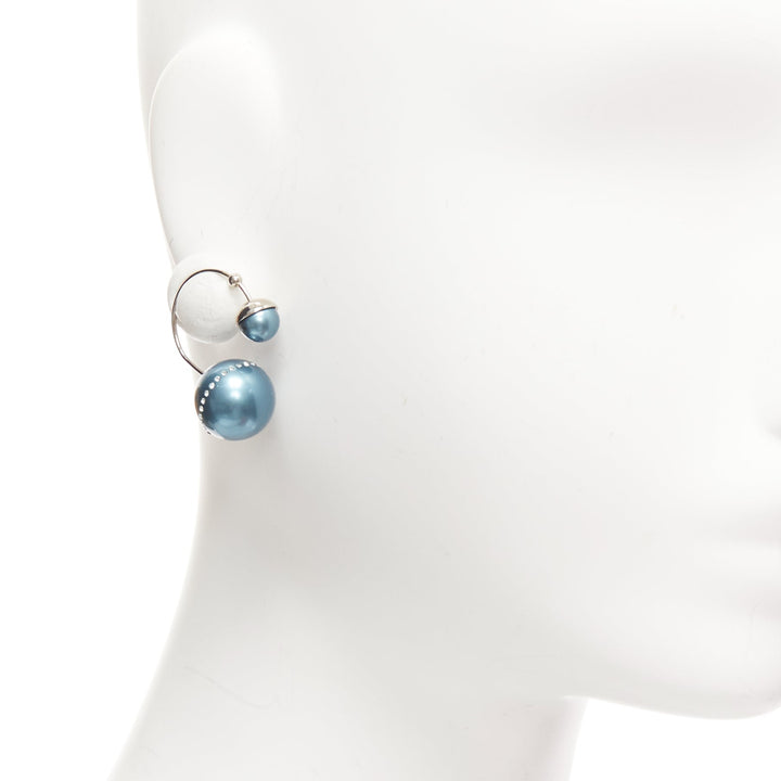 DIOR Tribales pealescent blue faux pearls crystal orbital pin earrings Pair