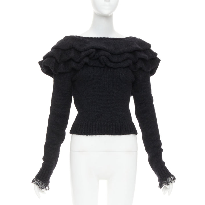PHILOSOPHY DI LORENZO SERAFINI black ruffle bateau neck jumper sweater IT38 XS