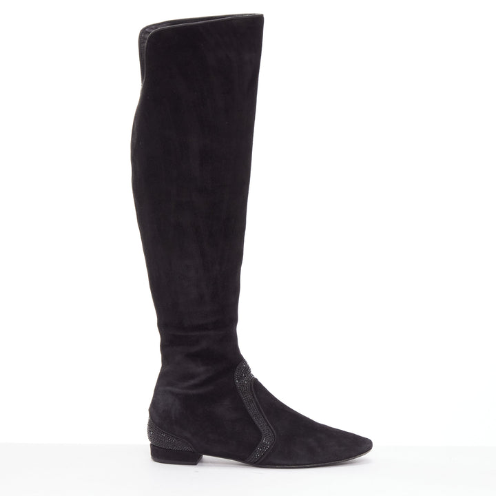 RENE CAOVILLA black suede crystal strass back slit knee flat boot EU35.5