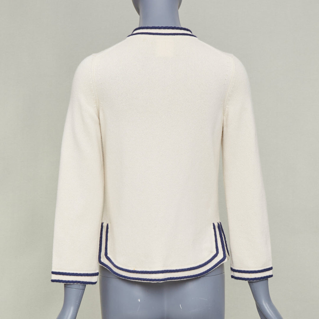 CHANEL 2015 ivory navy blue contrast trim rib pocket cashmere cardigan FR34 XS