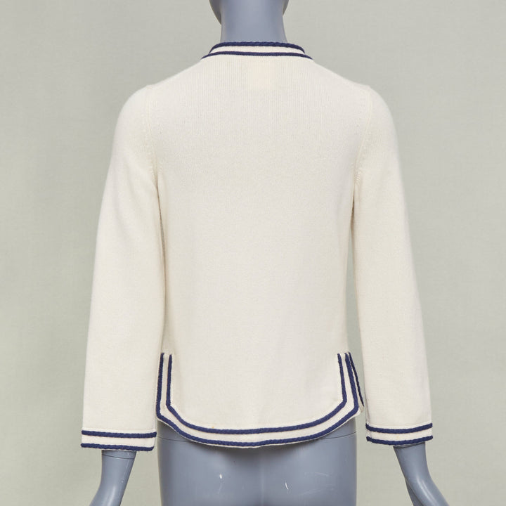 CHANEL 2015 ivory navy blue contrast trim rib pocket cashmere cardigan FR34 XS