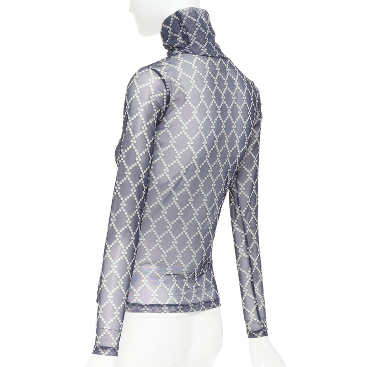 DRIES VAN NOTEN navy blue pearl diamond print high neck sheer top S