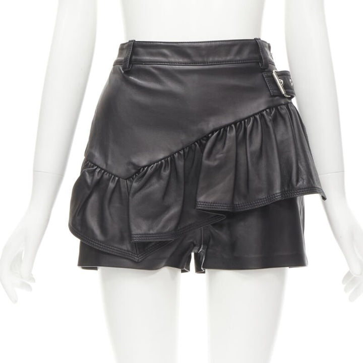 3.1 PHILLIP LIM black leather ruffle biker buckle high rise shorts US0 XS