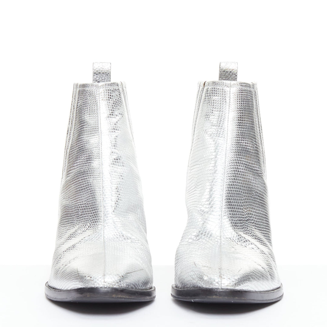 ROGER VIVIER silver texture leather slanted block heel western booties EU37