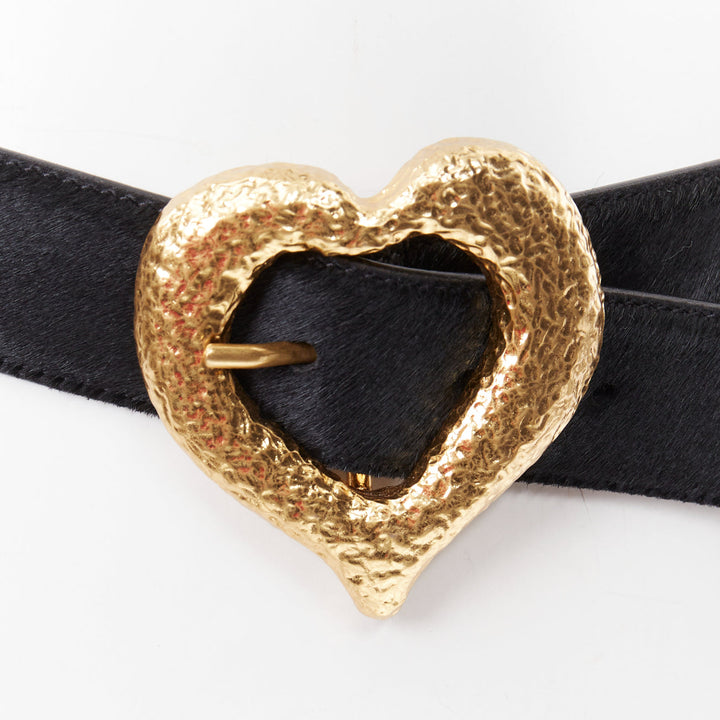 SAINT LAURENT gold tone hammered heart buckle black calf hair belt 80cm
