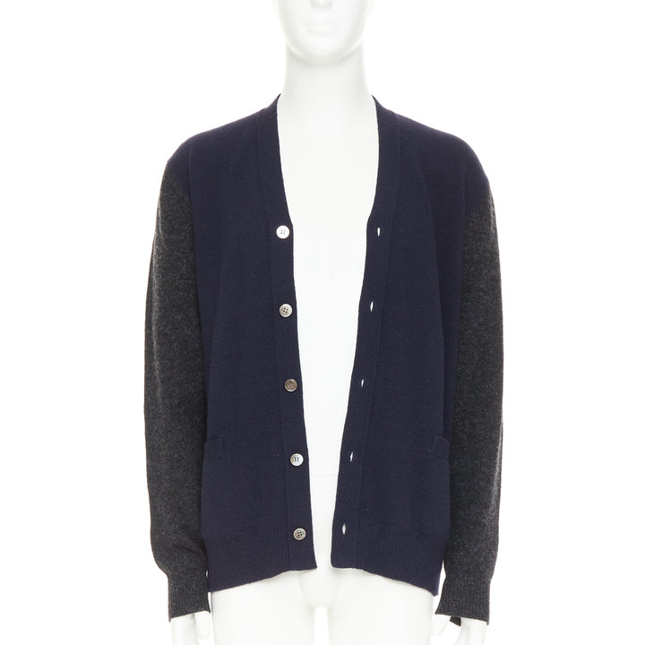 COMME DES GARCONS HOMME 2009 navy grey wool blend 2-tone cardigan sweater L