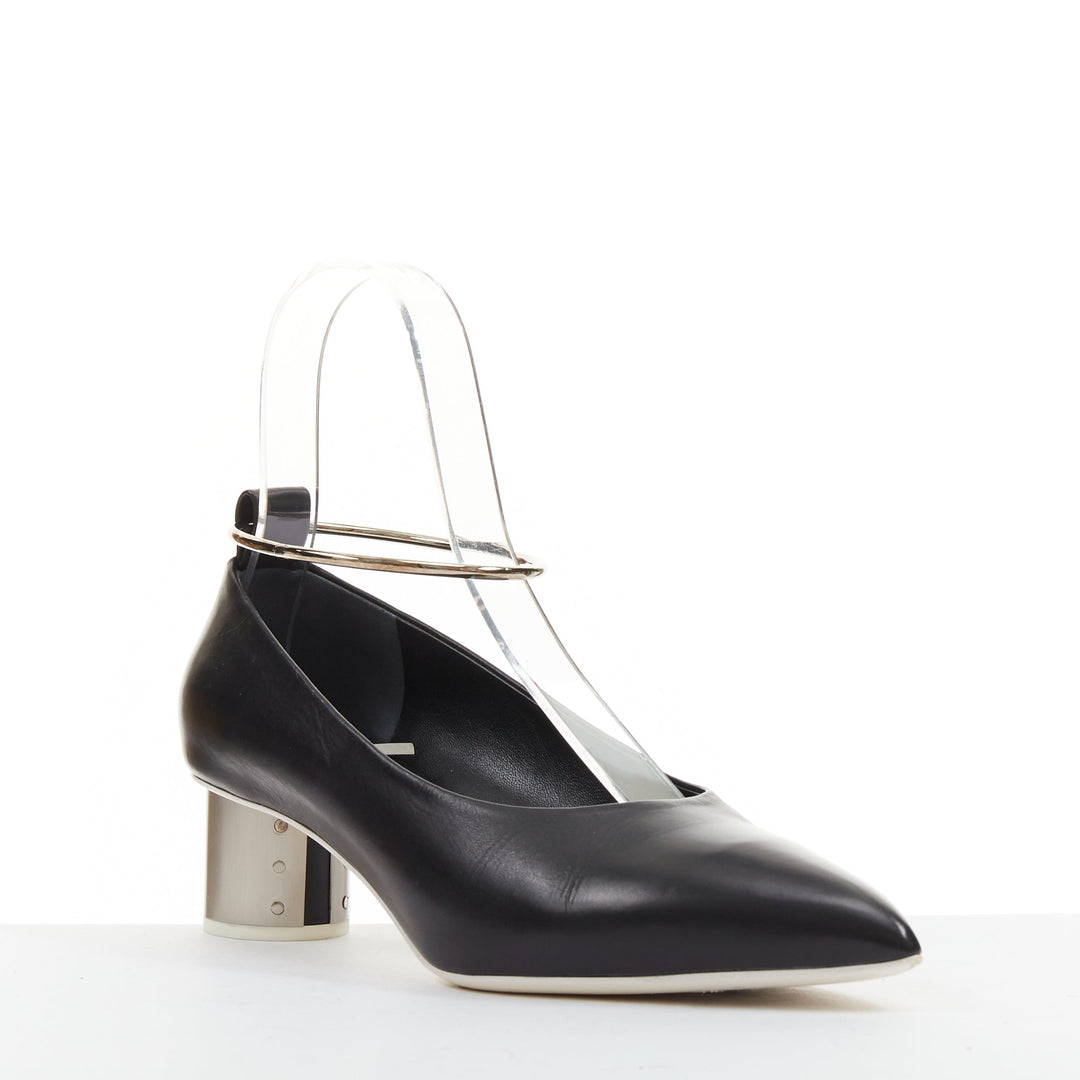 JIL SANDER black leather matte silver cylinder heel anklet ring pumps EU37